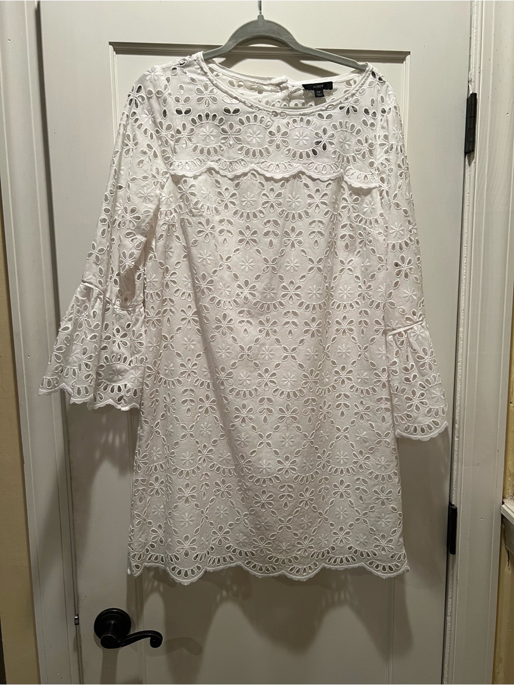 J. Crew White Eyelet Midi Dress with Scalloped Bell Sleeves
